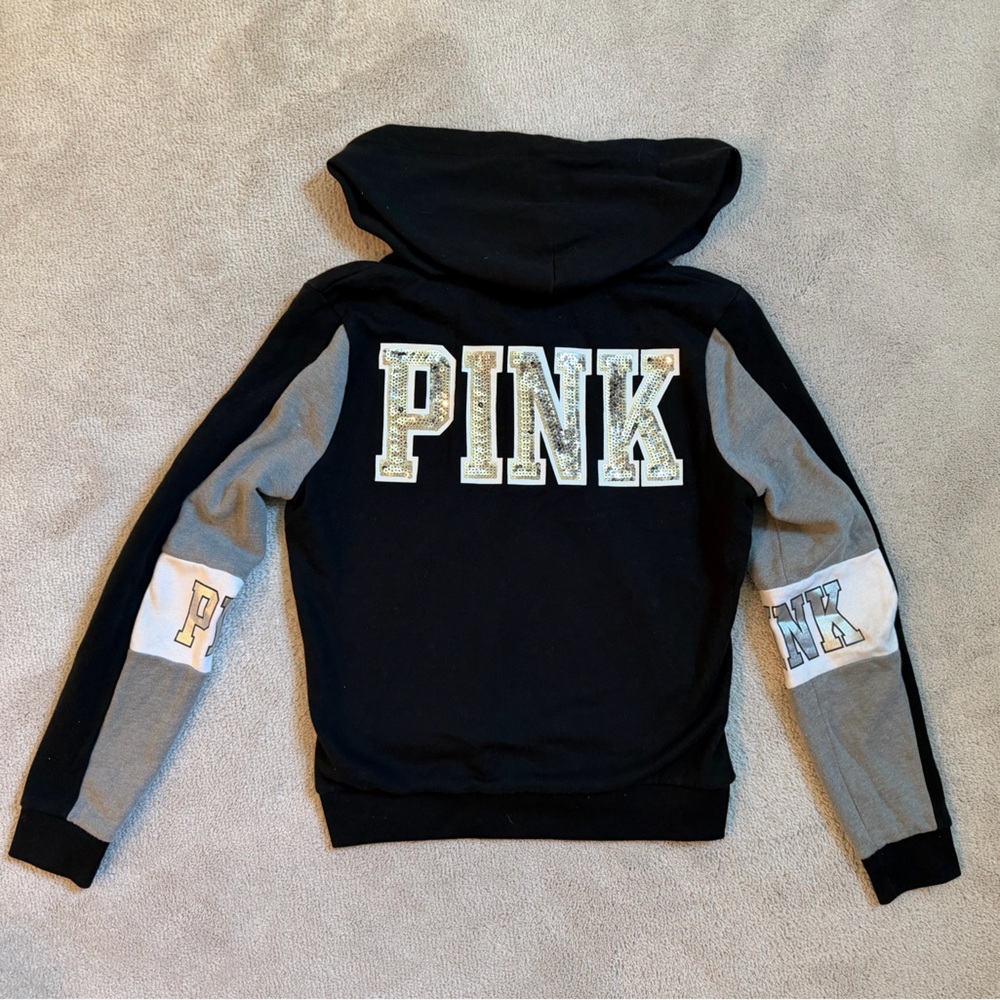 Victorias Secret Pink Black Bling Sequin Dog Full Zip Campus Hoodie Y2K Small